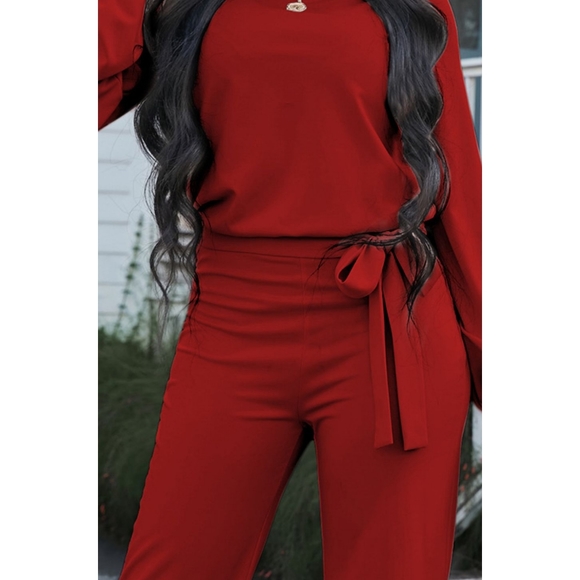 (Out of stock) Red Boat Neck Tie Belt Jumpsuit - Picture 4 of 6